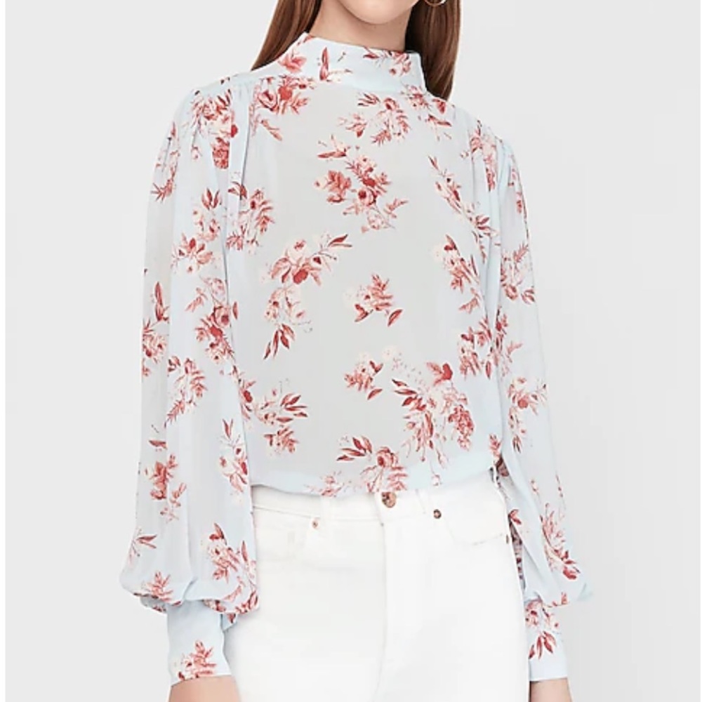 Express Semi-Sheer Floral Mock Neck Top Light Blue Size M
